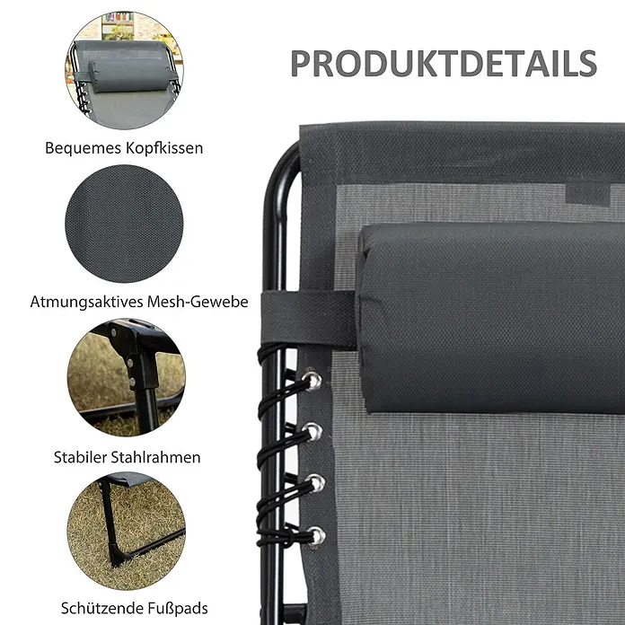 Furnicato Gartenliege - Grau, Polyester - Produktdetails: Grauer Outdoor-Stuhl mit bequemem Kopfkissen, atmungsaktivem Mesh-Gewebe, stabilem schwarzen Stahlrahmen und schützenden Fußpads.