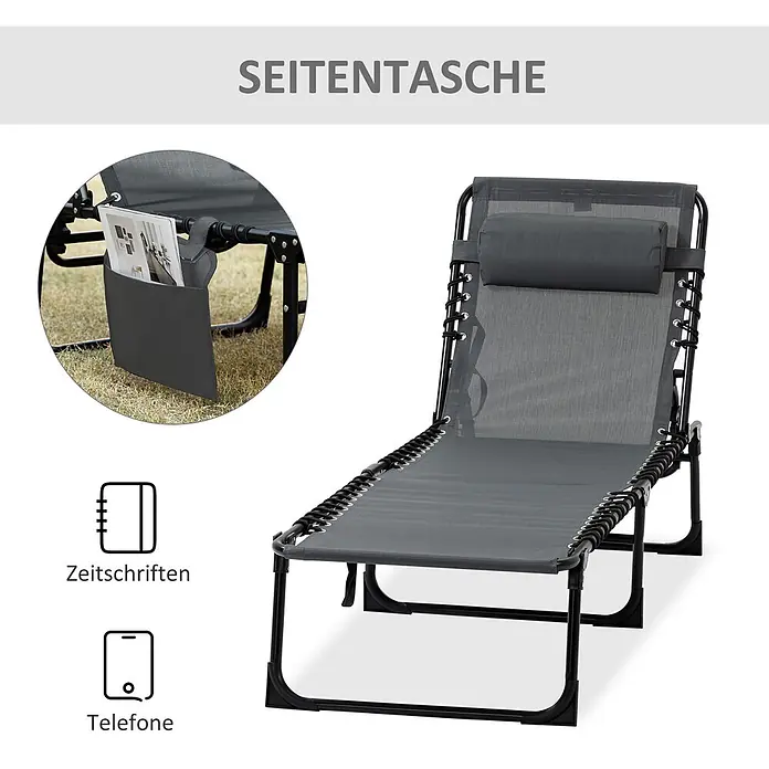 Furnicato Gartenliege - Grau, Polyester - Grauer Liegestuhl mit praktischer Seitentasche für Zeitschriften und Telefone.