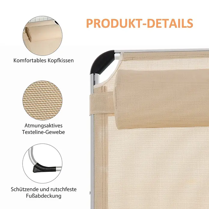 Furnicato Gartenliege - B x T: 60 x 189 cm, Beige, Aluminium - Beigefarbener Texteline-Stoff, bequemes Kopfkissen und rutschfeste Fußkappen eines Liegestuhls.