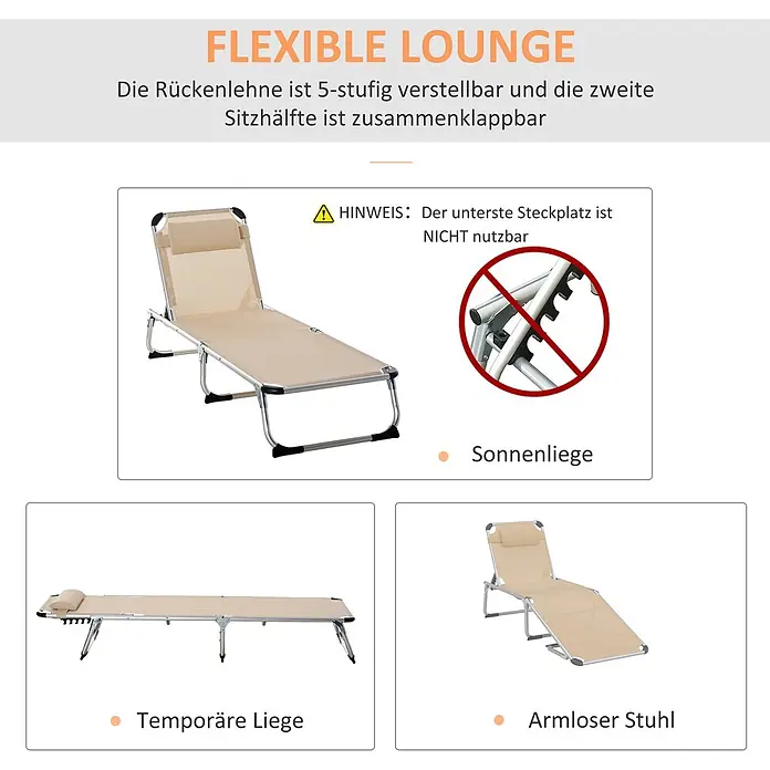 Furnicato Gartenliege - B x T: 60 x 189 cm, Beige, Aluminium - Beigefarbene, klappbare Liege mit 5-fach verstellbarer Rückenlehne und Kopfkissen, in verschiedenen Konfigurationen wie Sonnenliege und Feldbett dargestellt.