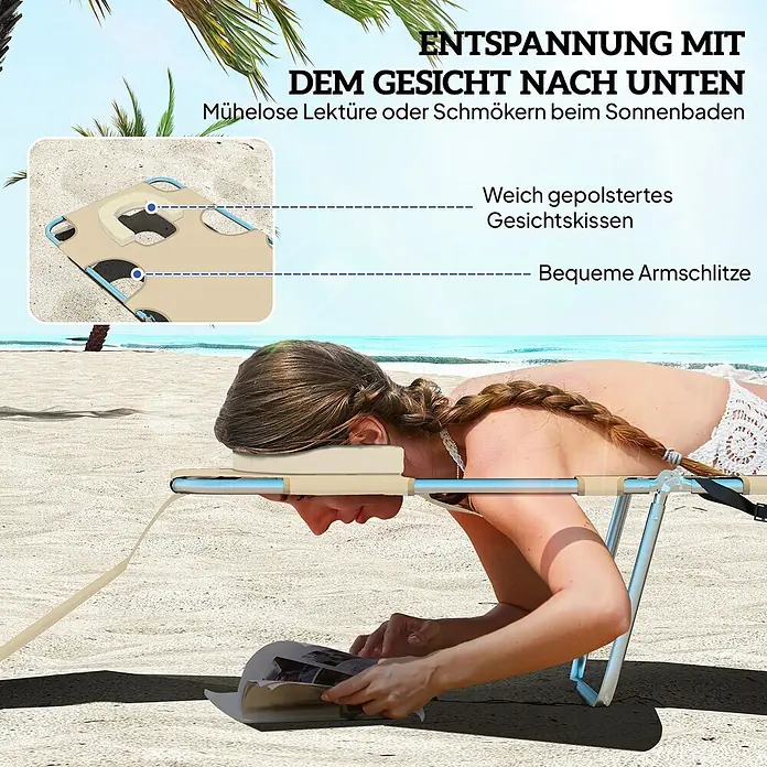 Outsunny Gartenliege - B x T: 55 x 185 cm, Beige, Polyester, Rückenlehne verstellbar - Beiger Sonnenliegestuhl für Entspannung auf dem Bauch mit Gesichtskissen und Armschlitzen, von Frau am Strand genutzt.