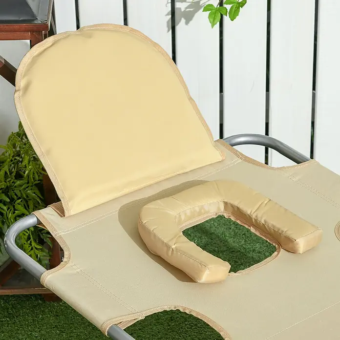 Outsunny Gartenliege - B x T: 55 x 185 cm, Beige, Polyester, Rückenlehne verstellbar - Beiger Outdoor-Liegestuhl mit gepolsterter Kopfstütze und Gesichtsöffnung mit U-förmigem Kissen, ideal zum bequemen Sonnenbaden.