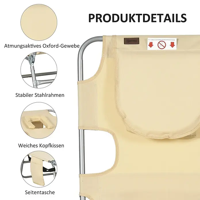 Outsunny Gartenliege - B x T: 55 x 185 cm, Beige, Polyester, Rückenlehne verstellbar - Beiges Klappbett/Liege mit Funktionen: atmungsaktivem Oxford-Gewebe, stabilem Stahlrahmen, weichem Kopfkissen und Seitentasche.