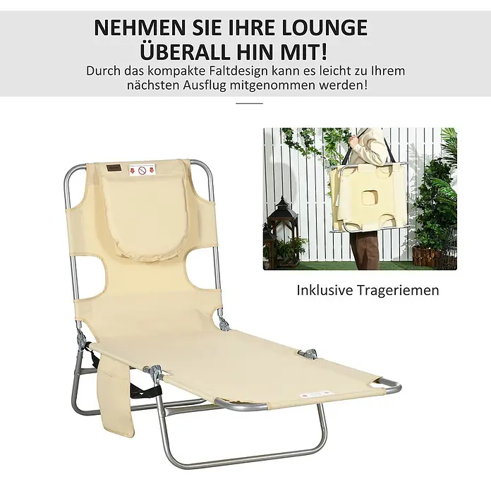 Outsunny Gartenliege - B x T: 55 x 185 cm, Beige, Polyester, Rückenlehne verstellbar - Beiger, faltbarer Liegestuhl mit Metallrahmen, offen und gefaltet zum Transport getragen.
