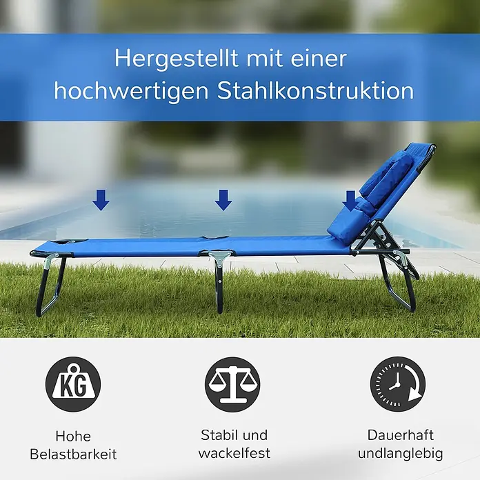Furnicato Gartenliege - B x T: 58 x 190 cm, Blau - Blauer Outdoor-Liegestuhl mit hochwertiger Stahlkonstruktion, am Pool auf Gras, hebt Belastbarkeit und Stabilität hervor.
