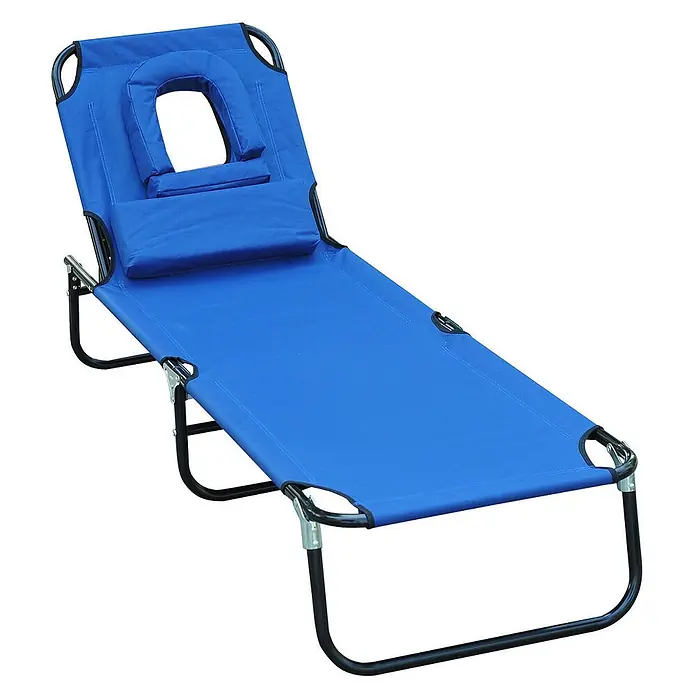 Furnicato Gartenliege - B x T: 58 x 190 cm, Blau - Blaues klappbares Liegestuhl mit schwarzem Gestell, mit einer Kopfstütze mit Gesichtsausschnitt und abnehmbarem Kissen für entspanntes Liegen auf dem Bauch.