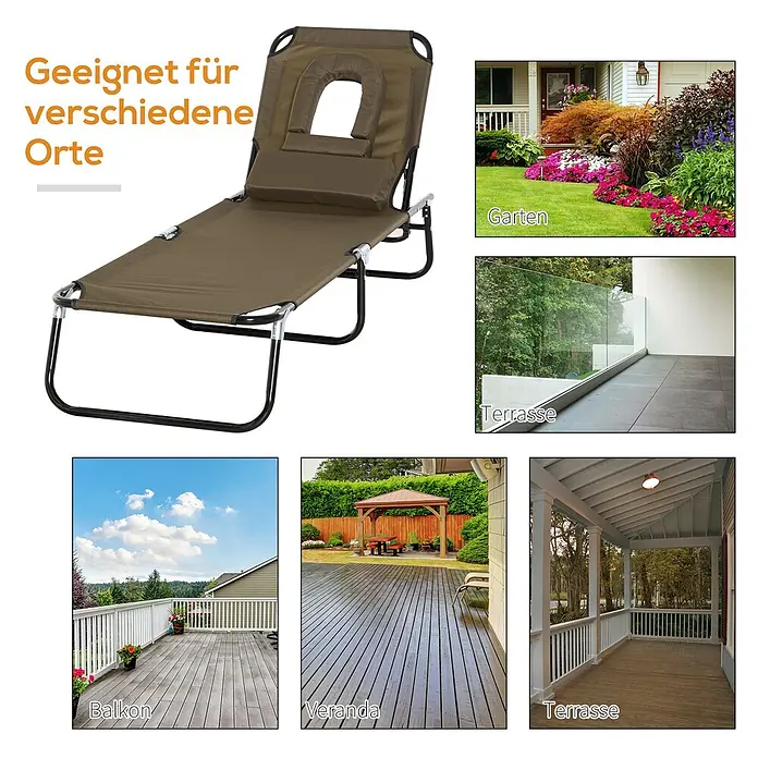 Furnicato Gartenliege - B x T: 58 x 190 cm, Braun - Brauner Klappliegestuhl mit Kopfstütze und Gesichtsöffnung, geeignet für verschiedene Außenbereiche wie Gärten, Balkone und Terrassen.