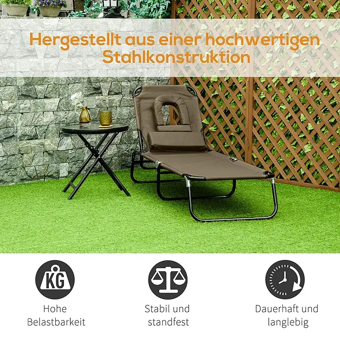 Furnicato Gartenliege - B x T: 58 x 190 cm, Braun - Stabiler brauner klappbarer Stahl-Liegestuhl mit Gesichtsöffnung & schwarzer Beistelltisch auf Kunstrasen.