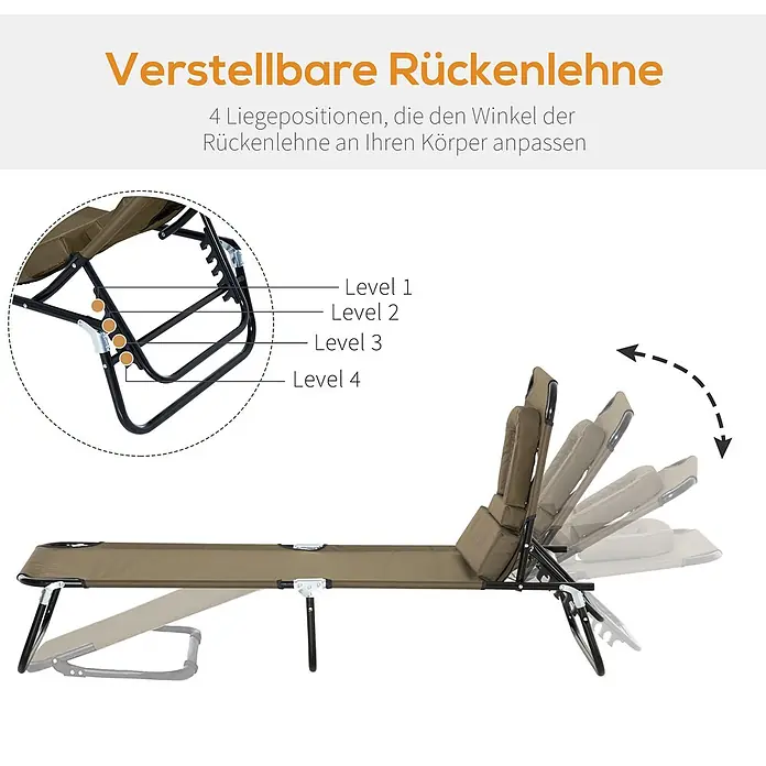 Furnicato Gartenliege - B x T: 58 x 190 cm, Braun - Braunes klappbares Feldbett/Liege mit verstellbarer Rückenlehne in 4 Positionen, gezeigt im Detail.