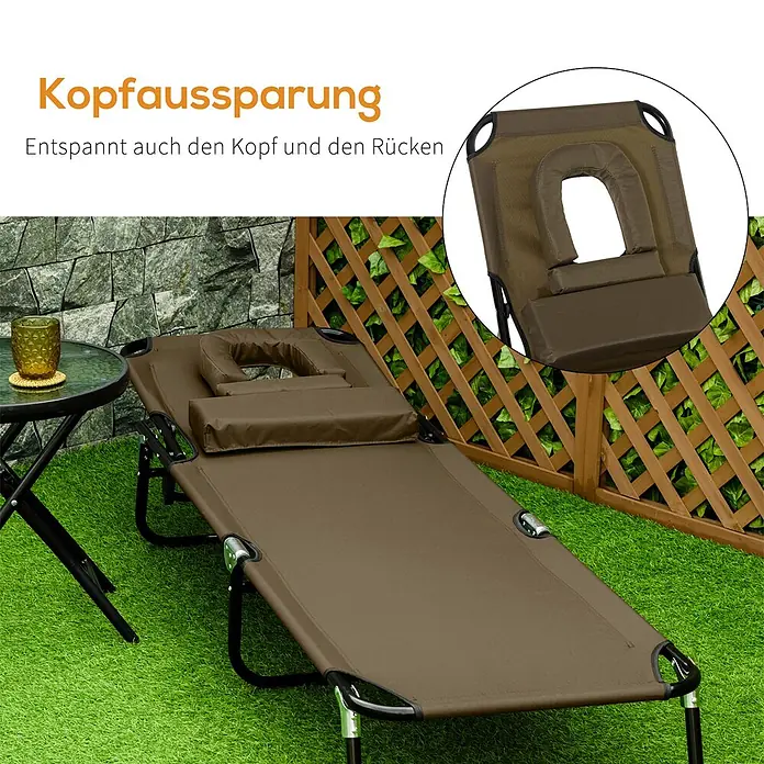 Furnicato Gartenliege - B x T: 58 x 190 cm, Braun - Braune Outdoor-Liege mit Kopfaussparung und Kissen für bequemes Liegen auf dem Bauch.