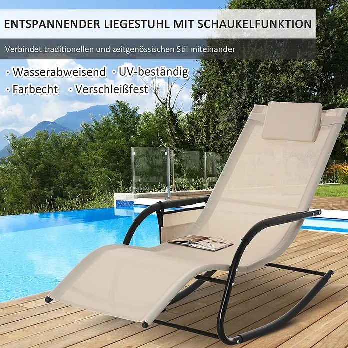 Furnicato Gartenliege - B x T: 62 x 150 cm, Beige, Metall - Beiger Schaukelliegestuhl mit Kopfstütze am Pool. Wasserabweisend und UV-beständig.
