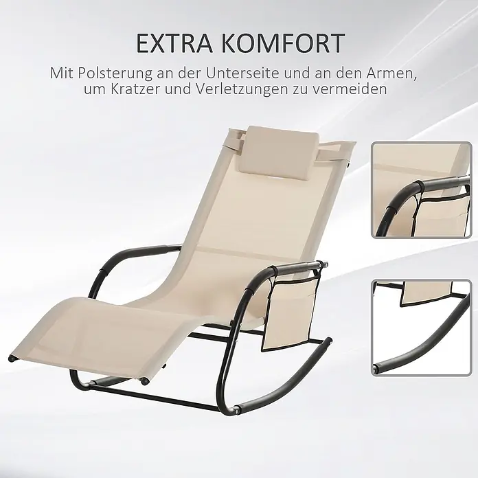 Furnicato Gartenliege - B x T: 62 x 150 cm, Beige, Metall - Beige Schaukelliege mit schwarzem Metallrahmen, Kopfkissen und Seitentasche. Gepolsterte Armlehnen und Unterseite für extra Komfort und Schutz.