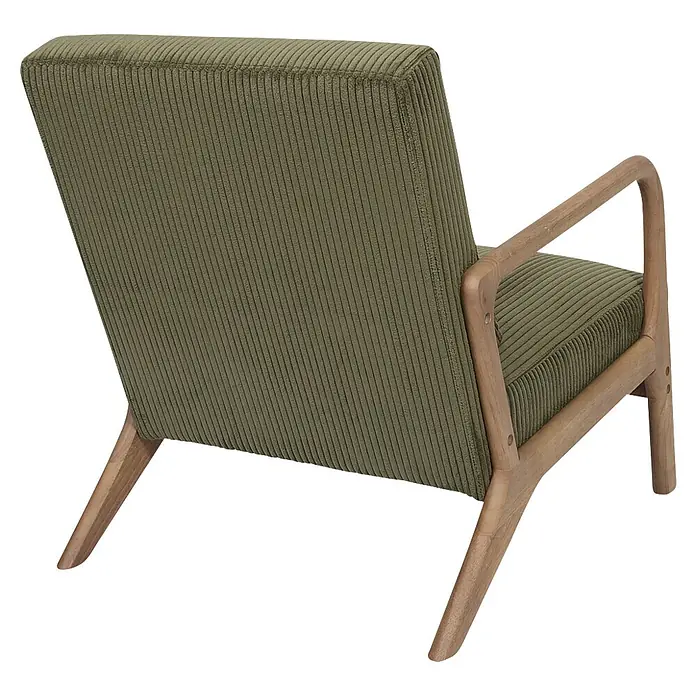 Home Deco Factory Sillón Scott - L x An x Al: 83,5 x 64,5 x 75 cm, Verde, Textil canalé - Sillón de pana verde con estructura y reposabrazos de madera clara, visto desde atrás.