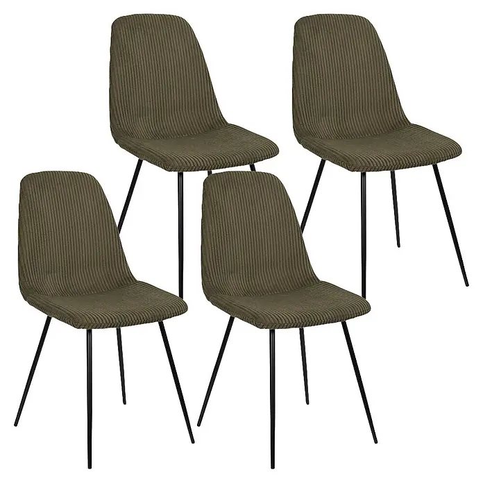 Home Deco Factory Silla Scott - Verde, 4 ud. - Conjunto de cuatro sillas de comedor de tela acanalada verde oliva con elegantes patas de metal negro.