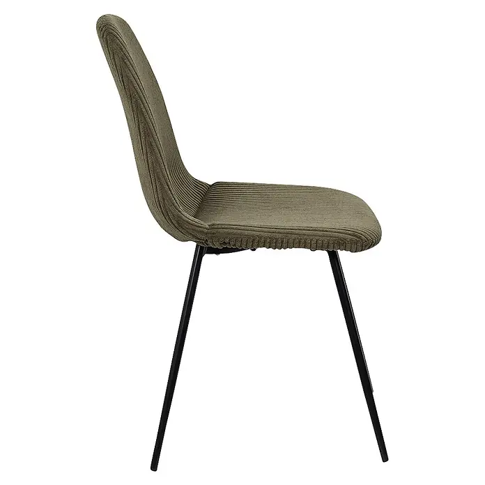 Home Deco Factory Silla Scott - Verde, 4 ud. - Silla de tela acanalada verde oliva con patas de metal negras, vista de lado.