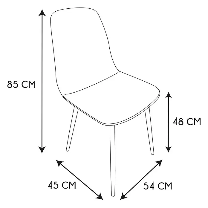 Home Deco Factory Silla Scott - Verde, 4 ud. - Dibujo lineal de una silla con dimensiones: altura total 85 cm, altura del asiento 48 cm, ancho 45 cm, profundidad 54 cm.