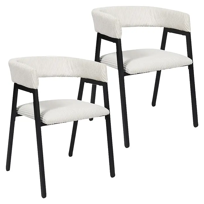 Home Deco Factory Silla Scott - Beige, 2 ud. - Dos sillas blancas con tapicería de tela acanalada y estructuras de metal negro.