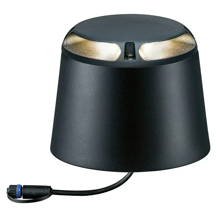 Paulmann Plug & Shine LED-Außenleuchte - 6 W, Warmweiß, IP67, Ø x H: 19,3 x 15,5 cm - Nahaufnahme einer modernen schwarzen Außenleuchte mit integrierten Lichtquellen und einem Kabelanschluss.