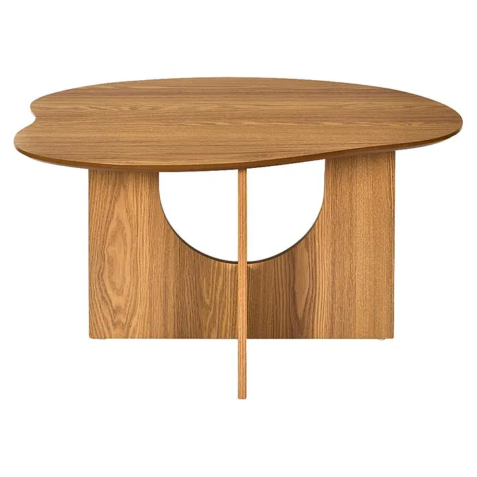 Home Deco Factory Calypso Mesa auxiliar - L x An x Al: 60 x 80 x 42 cm, MDF, Relieves curvos - Mesa de centro de madera marrón claro con tablero irregular y base escultural con un gran recorte curvo.