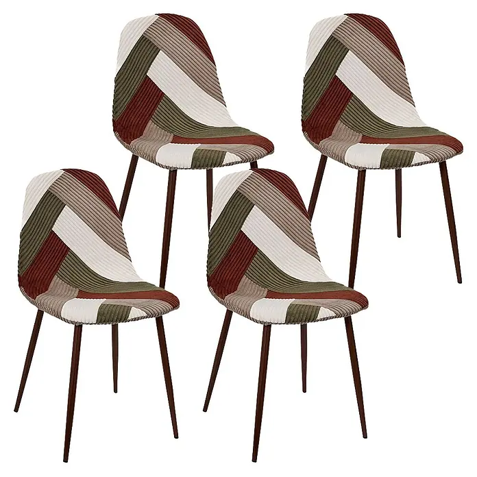 Home Deco Factory Silla Scott - Patchwork, 4 ud. - Cuatro sillas de comedor con tapicería de pana patchwork en tonos blancos, marrones y verdes, y patas oscuras.