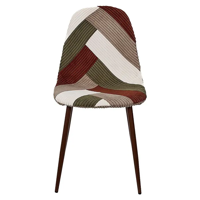 Home Deco Factory Silla Scott - Patchwork, 4 ud. - Silla moderna de pana patchwork en colores marrón, verde, blanco y beige, con patas de madera oscura.