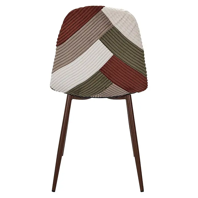 Home Deco Factory Silla Scott - Patchwork, 4 ud. - Silla de pana patchwork con rayas diagonales marrones, beiges, blancas y verdes, sobre patas marrón oscuro.