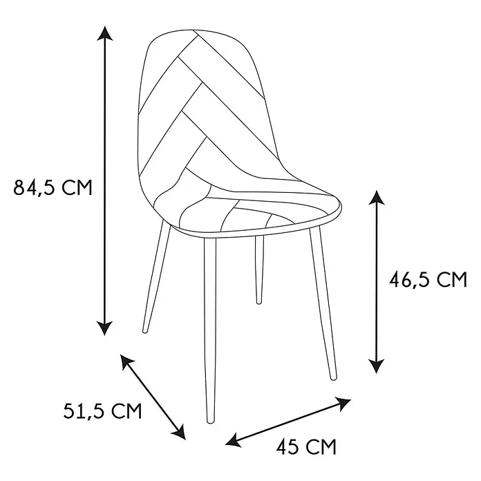 Home Deco Factory Silla Scott - Patchwork, 4 ud. - Dibujo lineal de una silla con respaldo curvo y patas inclinadas. Medidas: H 84,5 cm, AS 46,5 cm, A 51,5 cm, P 45 cm.