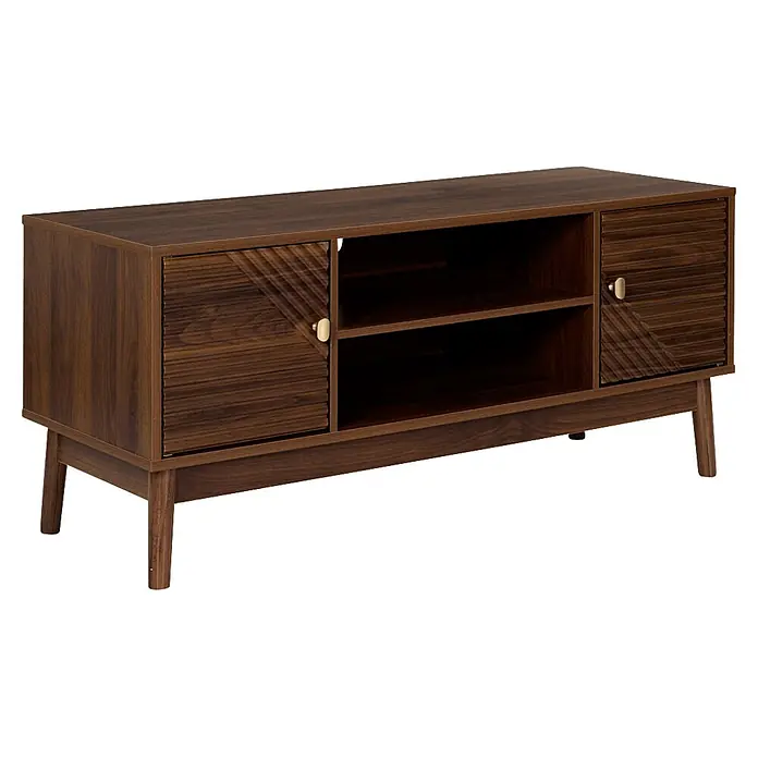 Home Deco Factory Tiffany Mueble para TV - L x An x Al: 40 x 110 x 48 cm, Marrón - Mueble de TV de madera marrón oscuro con puertas texturizadas, estantes abiertos y tiradores dorados.