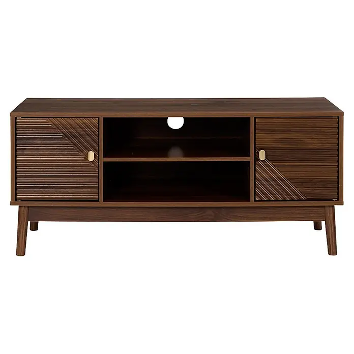 Home Deco Factory Tiffany Mueble para TV - L x An x Al: 40 x 110 x 48 cm, Marrón - Consola de TV de madera marrón oscuro con dos estantes abiertos, dos armarios laterales con puertas geométricas texturadas y tiradores dorados, con patas cónicas.