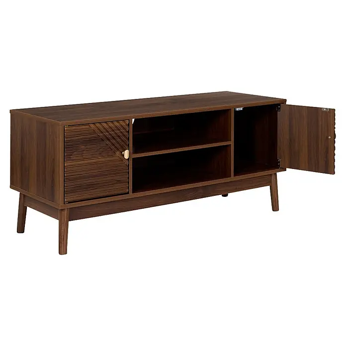 Home Deco Factory Tiffany Mueble para TV - L x An x Al: 40 x 110 x 48 cm, Marrón - Mueble de TV de madera marrón oscuro con puerta de armario estampada, estantes abiertos y patas cónicas.