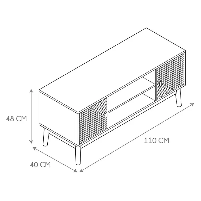 Home Deco Factory Tiffany Mueble para TV - L x An x Al: 40 x 110 x 48 cm, Marrón - Moderno mueble de TV rectangular con dos puertas de lamas, dos estantes abiertos y patas inclinadas.