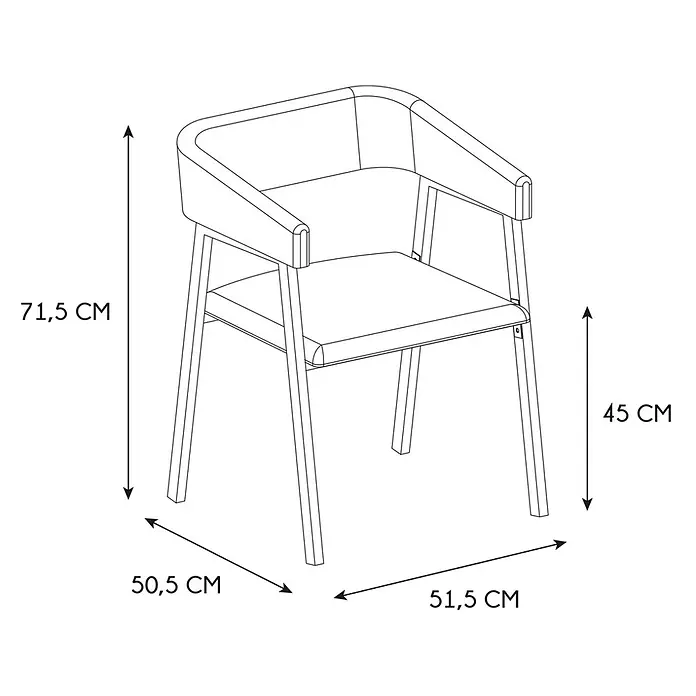 Home Deco Factory Silla Scott - Taupe, 2 ud. - Dibujo lineal de un sillón moderno con dimensiones: altura total 71,5 cm, altura asiento 45 cm, ancho 51,5 cm, profundidad 50,5 cm.