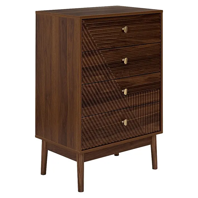 Home Deco Factory Tiffany Cómoda - L x An x Al: 40 x 60 x 90 cm, Marrón, Número de cajones: 4 ud. - Cómoda de madera oscura con cuatro cajones, diseño acanalado en ángulo y tiradores de latón, sobre patas cónicas.
