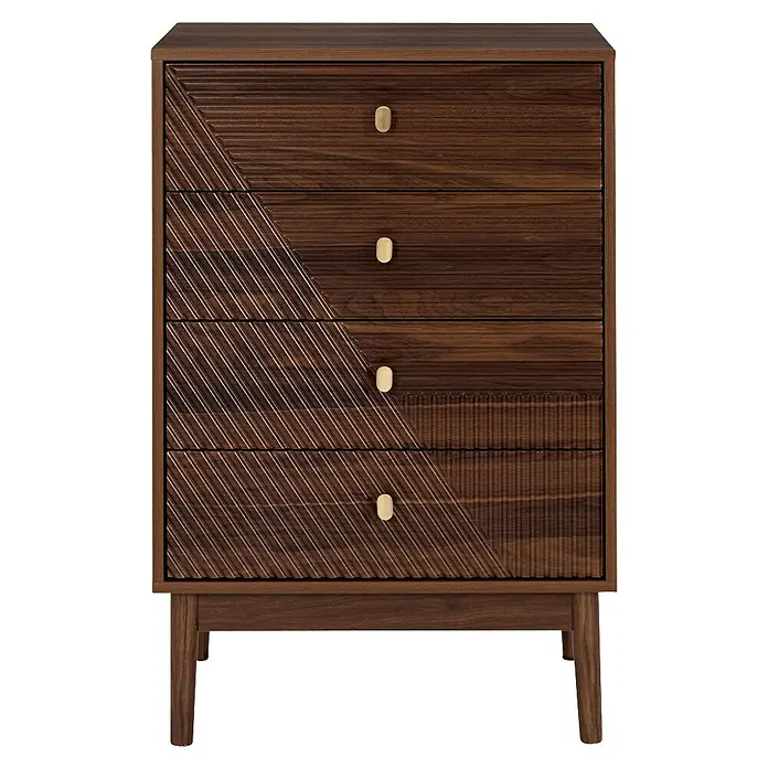 Home Deco Factory Tiffany Cómoda - L x An x Al: 40 x 60 x 90 cm, Marrón, Número de cajones: 4 ud. - Cómoda de madera oscura con 4 cajones, patrón texturizado diagonal y tiradores dorados.