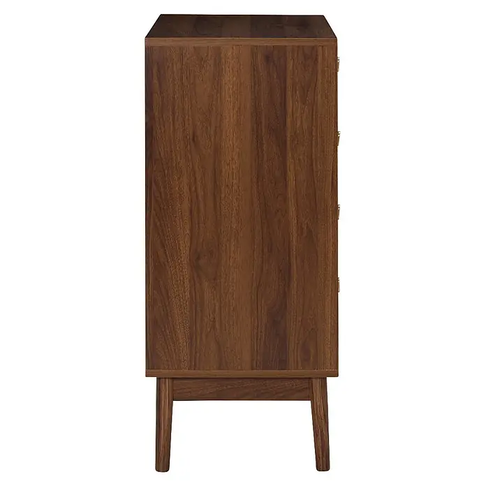 Home Deco Factory Tiffany Cómoda - L x An x Al: 40 x 60 x 90 cm, Marrón, Número de cajones: 4 ud. - Vista lateral de una cómoda de madera marrón oscuro con veta visible y patas, mostrando un atisbo de los tiradores de los cajones.