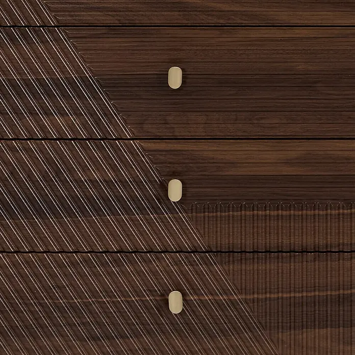 Home Deco Factory Tiffany Cómoda - L x An x Al: 40 x 60 x 90 cm, Marrón, Número de cajones: 4 ud. - Tres frentes de cajón de madera marrón oscuro con rayas diagonales, ranuras verticales y tiradores ovalados dorados.
