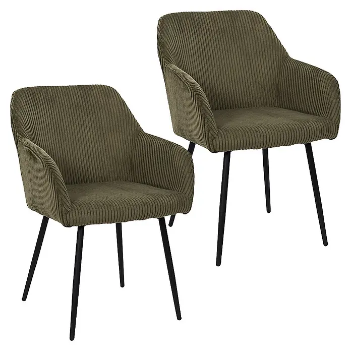 Home Deco Factory Silla butaca Scott - Verde, 2 ud. - Dos sillas de comedor de pana verde oliva con patas de metal negro.