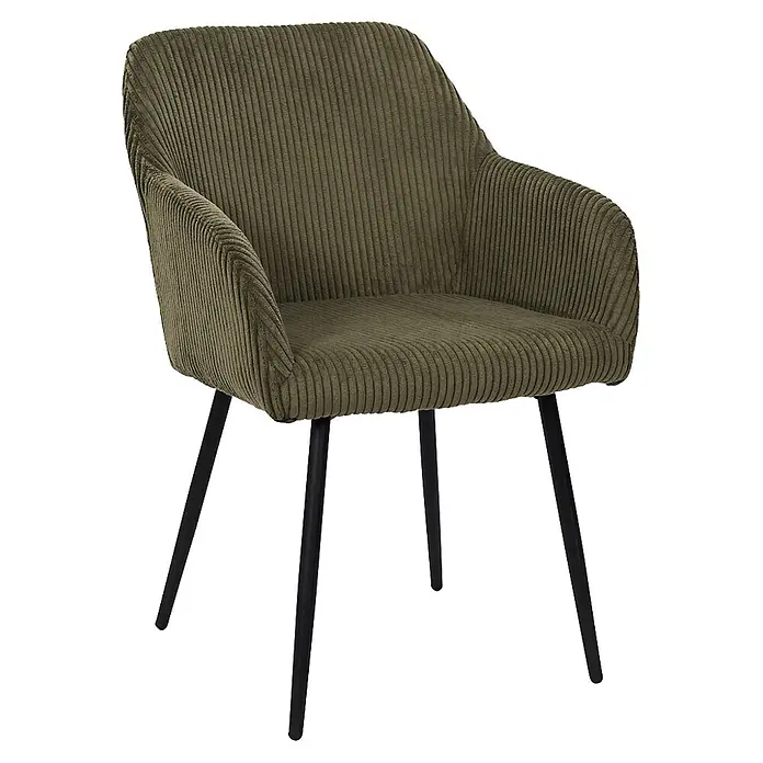 Home Deco Factory Silla butaca Scott - Verde, 2 ud. - Sillón de pana verde oliva con respaldo curvo y patas de metal negras.