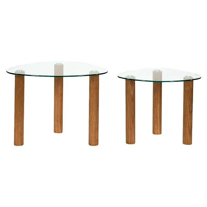 Home Deco Factory Mesa - 2 unidades, Vidrio, Curvado - Dos mesas auxiliares de cristal con tres patas de madera natural, una más redonda, una triangular.