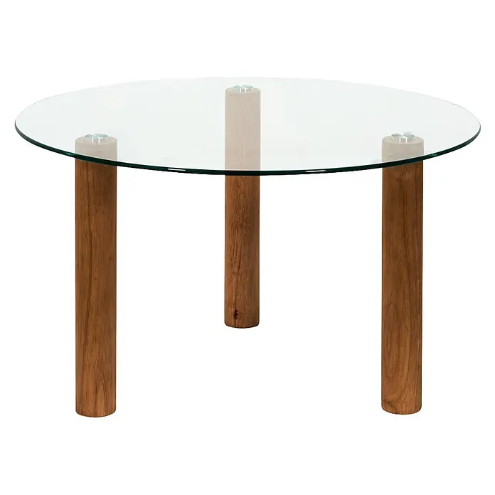 Home Deco Factory Mesa - Ø x Al: 45 x 75 cm, Vidrio - Mesa redonda de cristal con tres patas de madera robustas de color marrón claro.