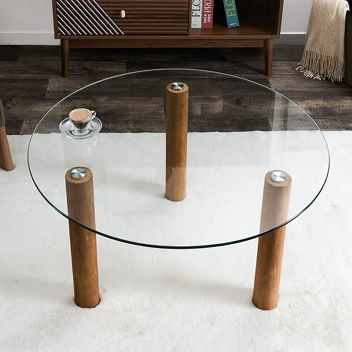 Home Deco Factory Mesa - Ø x Al: 45 x 75 cm, Vidrio - Mesa de centro redonda de cristal con tres patas de madera clara.