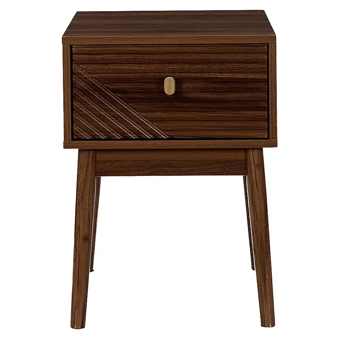Home Deco Factory Tiffany Mesita de noche - L x An x Al: 40 x 40 x 55 cm, Marrón, Número de cajones: 1 ud. - Mesita de noche de madera oscura con un cajón, tirador de latón y patrón acanalado decorativo. Patas inclinadas.