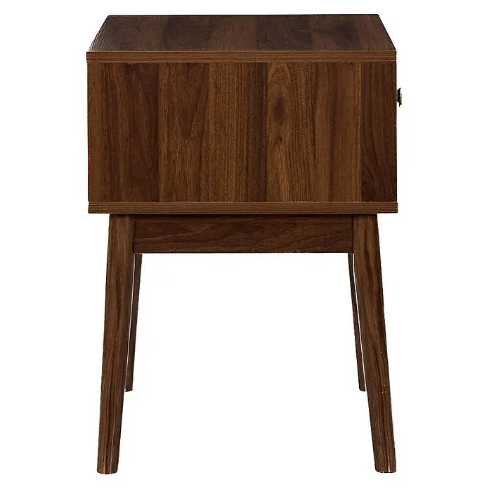 Home Deco Factory Tiffany Mesita de noche - L x An x Al: 40 x 40 x 55 cm, Marrón, Número de cajones: 1 ud. - Mesita de noche de madera marrón oscuro con patas cónicas y armario, mostrando veta de madera rica.
