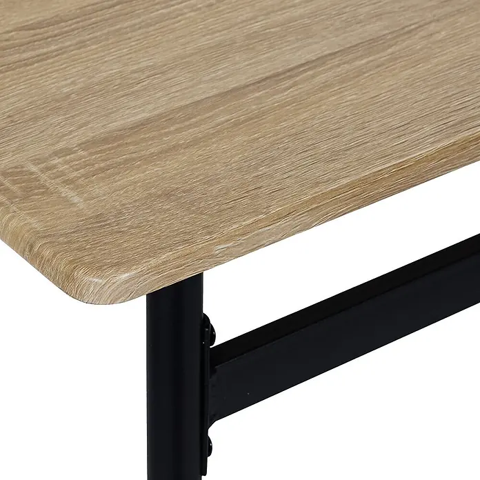 Home Deco Factory Loka Mesa de comedor - L x An x Al: 116 x 60 x 90 cm, Negro/Marrón, Metal/MDF - Primer plano de una encimera de imitación madera clara con estructura de metal negro.
