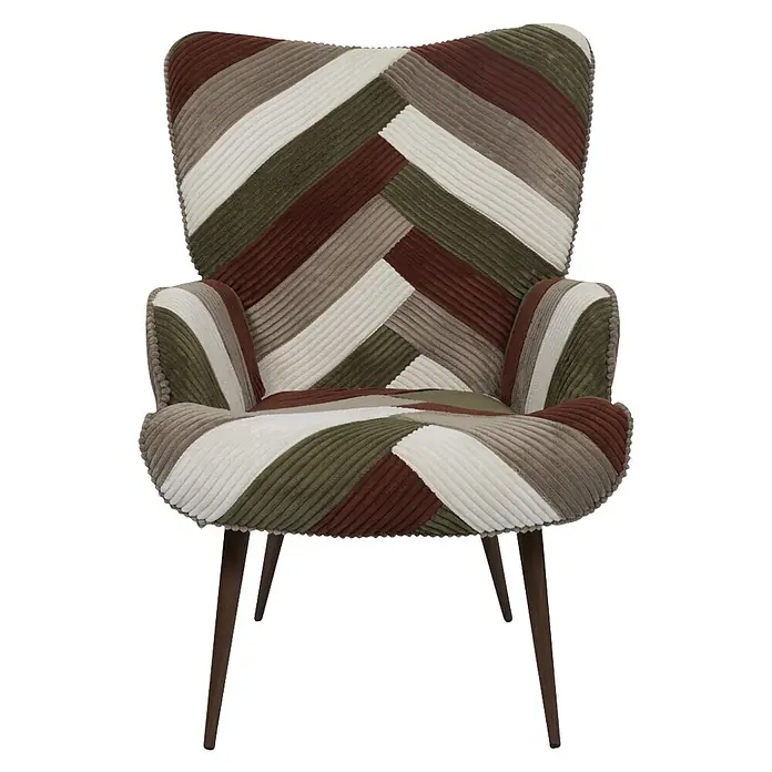 Home Deco Factory Sillón Scott - L x An x Al: 76 x 69 x 97 cm, Patchwork - Sillón de pana patchwork en marrón, verde, gris y blanco, con patas de madera oscura.