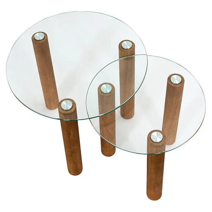 Home Deco Factory Mesa - 2 unidades, Diámetro: 40 cm - 50 cm, Vidrio, Redonda - Dos mesas redondas de cristal con patas cilíndricas de madera natural, superpuestas.
