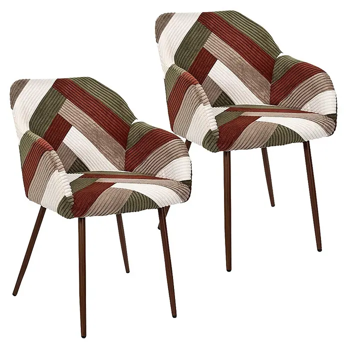 Home Deco Factory Silla Scott - Patchwork, 2 ud. - Dos sillones de pana patchwork en blanco, verde y marrón con patas oscuras.