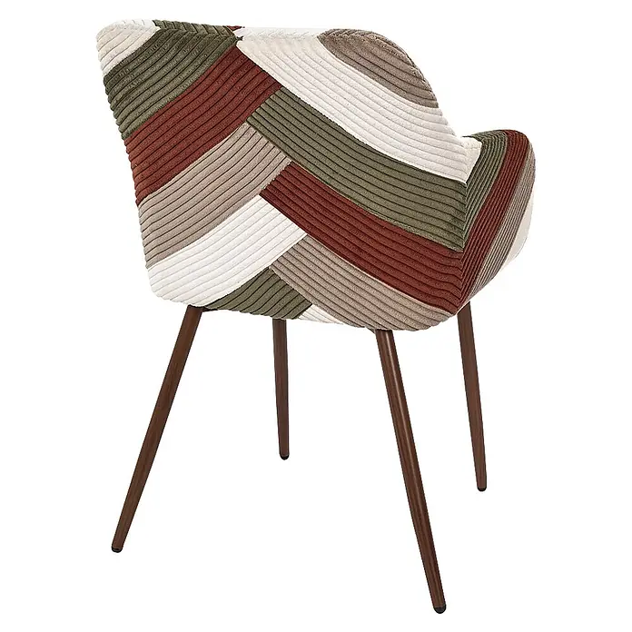 Home Deco Factory Silla Scott - Patchwork, 2 ud. - Silla de pana patchwork con tapicería marrón, verde, crema y gris, y patas marrones oscuras.