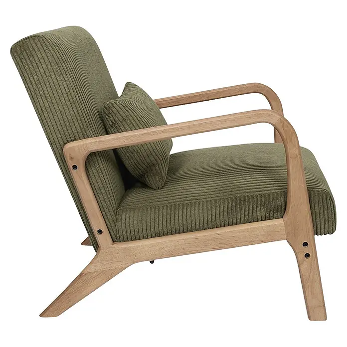 Home Deco Factory Sillón Scott - L x An x Al: 83,5 x 64,5 x 75 cm, Verde, Textil canalé - Sillón de pana verde con estructura y reposabrazos de madera clara, incluye un cojín a juego.
