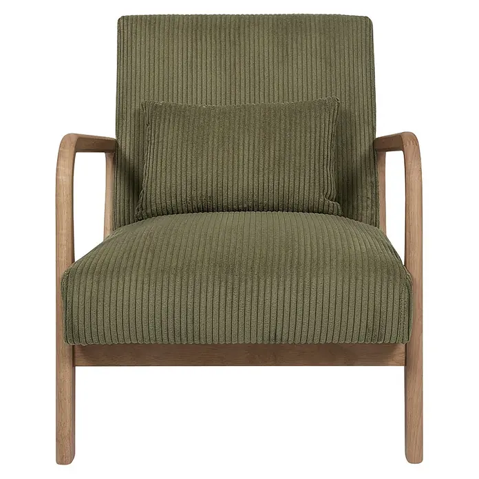 Home Deco Factory Sillón Scott - L x An x Al: 83,5 x 64,5 x 75 cm, Verde, Textil canalé - Sillón de pana verde oliva con estructura de madera clara y cojín lumbar a juego.